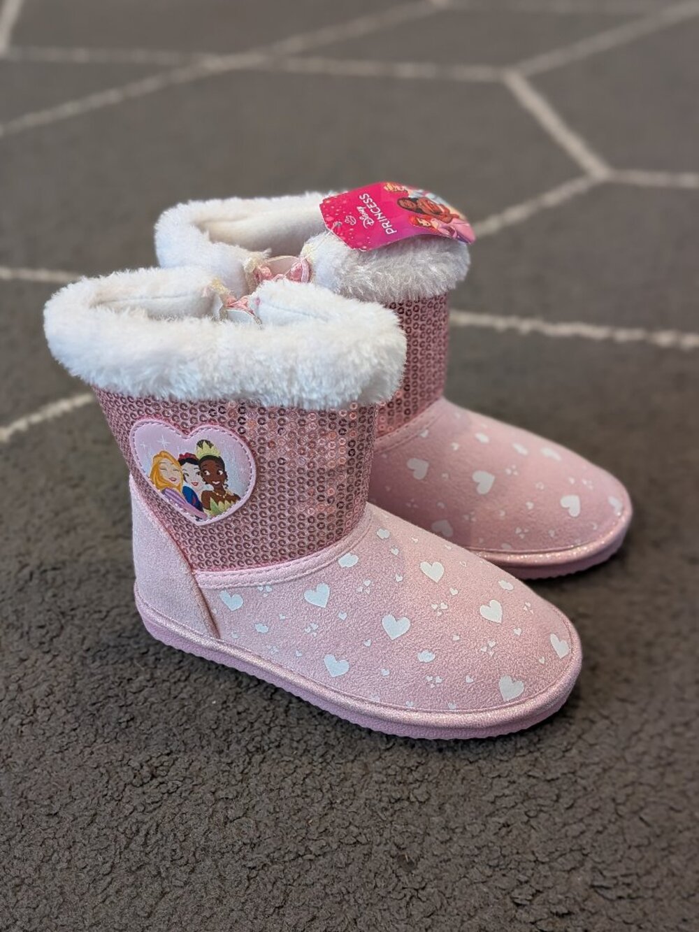 Disney Princess boots with faux fur and pink sequins size 9